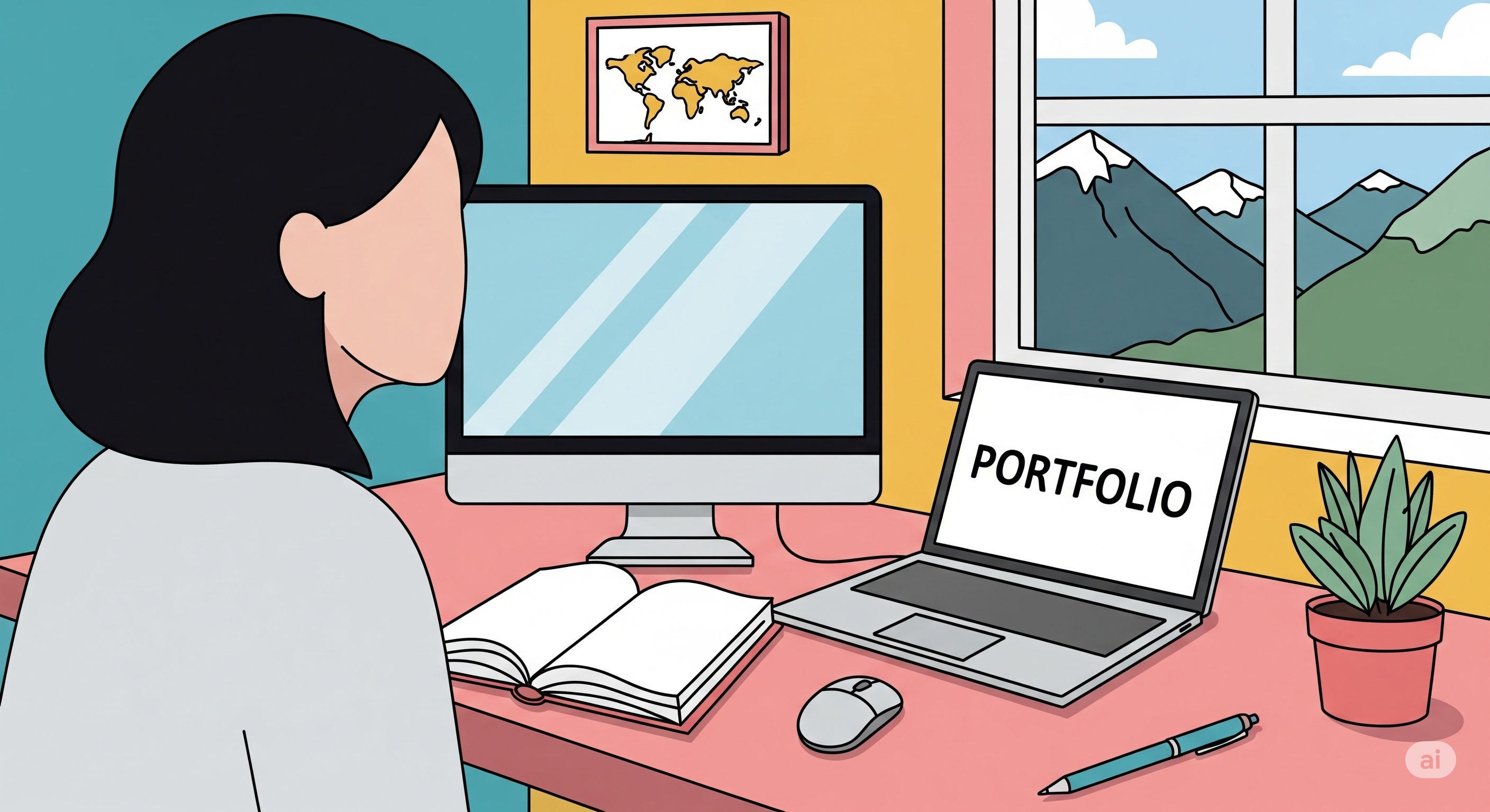 A generic vector illustration of a person building a portfolio on a computer.